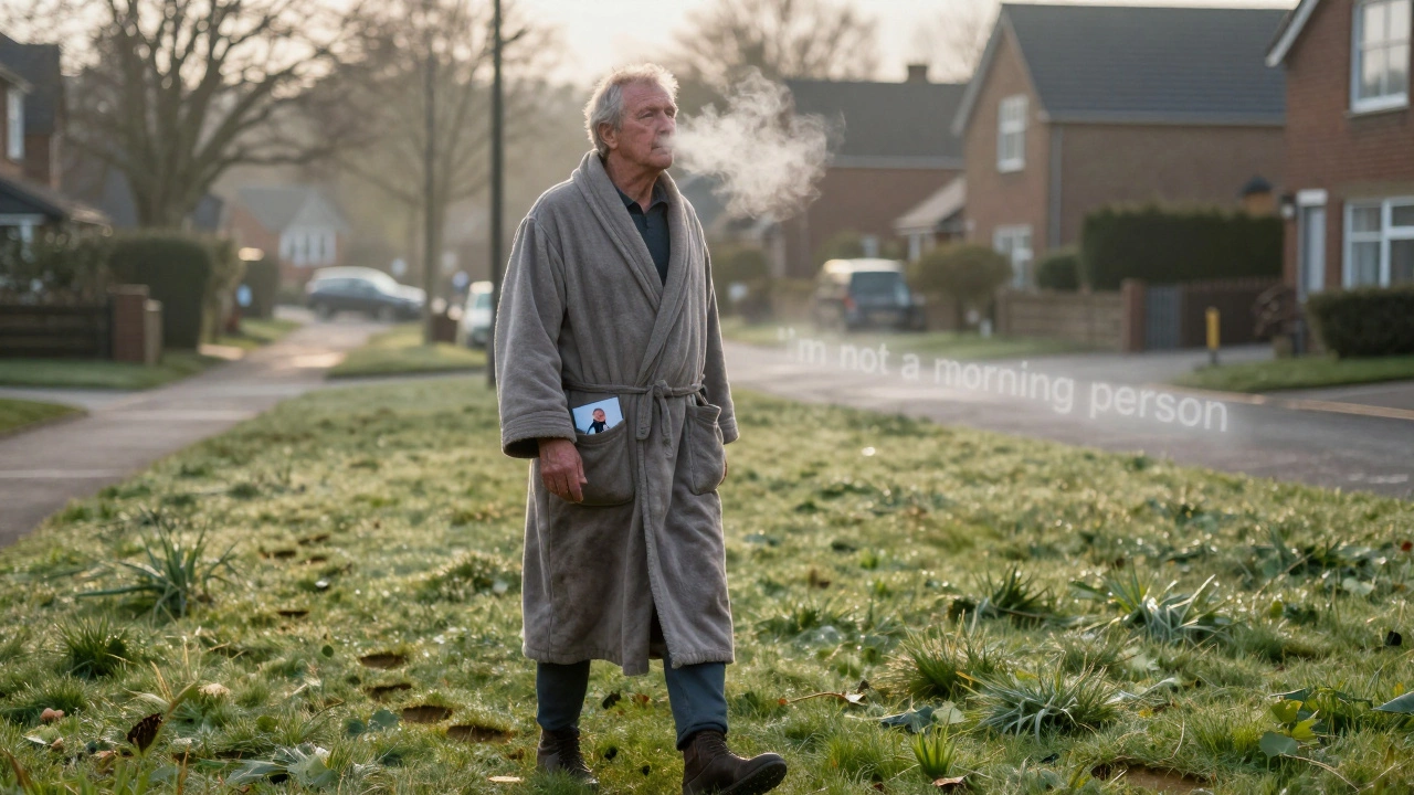 A man walks at dawn, leaving new footprints as old limiting beliefs fade behind him.