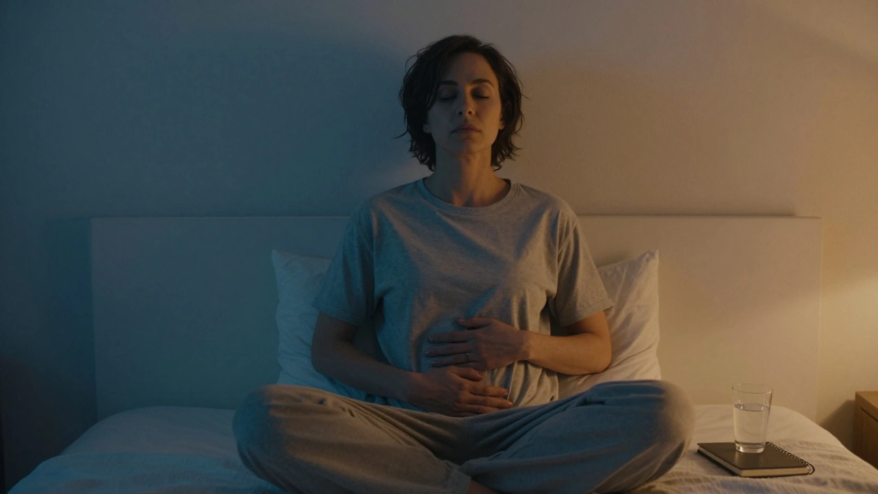 A person practicing calm breathing at dawn in a quiet room.