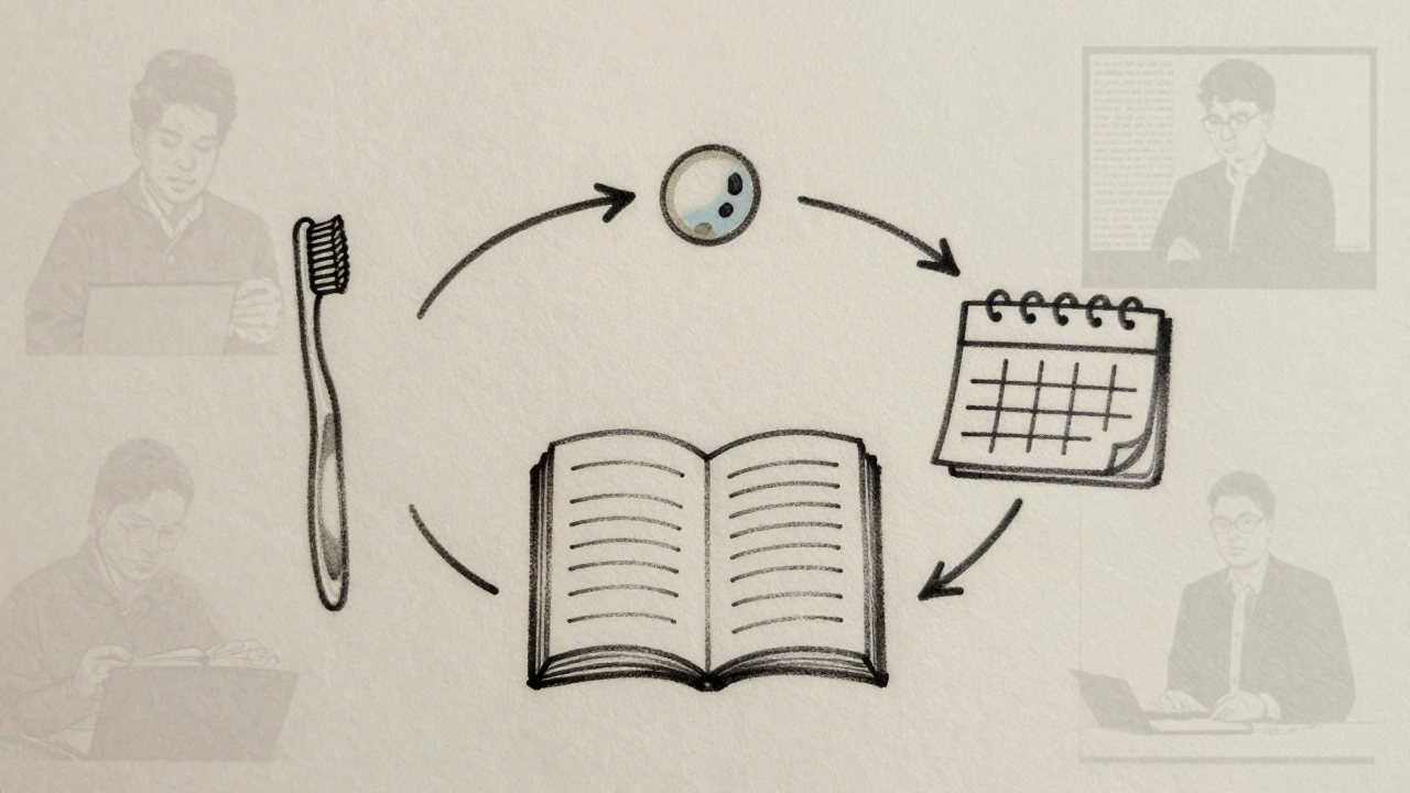 A simple habit loop: toothbrush, notebook, and sticker on calendar, drawn in charcoal style.
