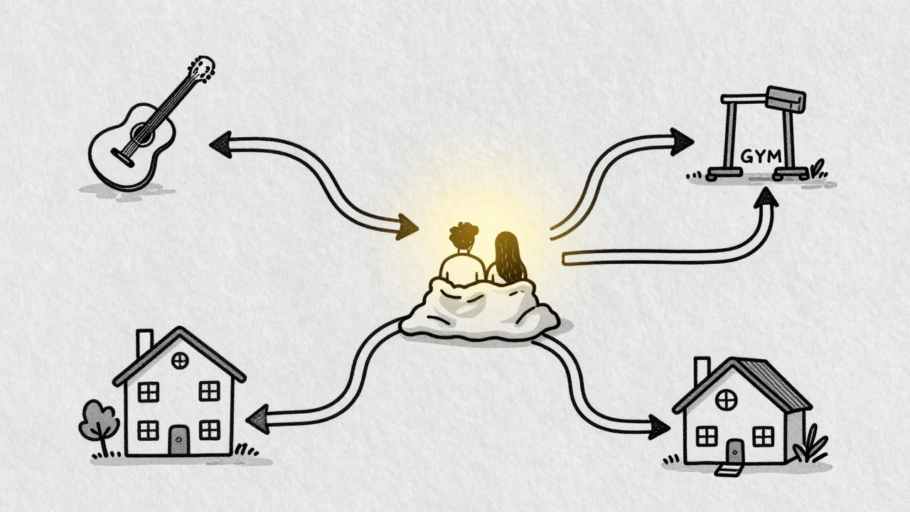 A symbolic map showing personal hobbies and relationship paths glowing together, representing balanced self and partnership.