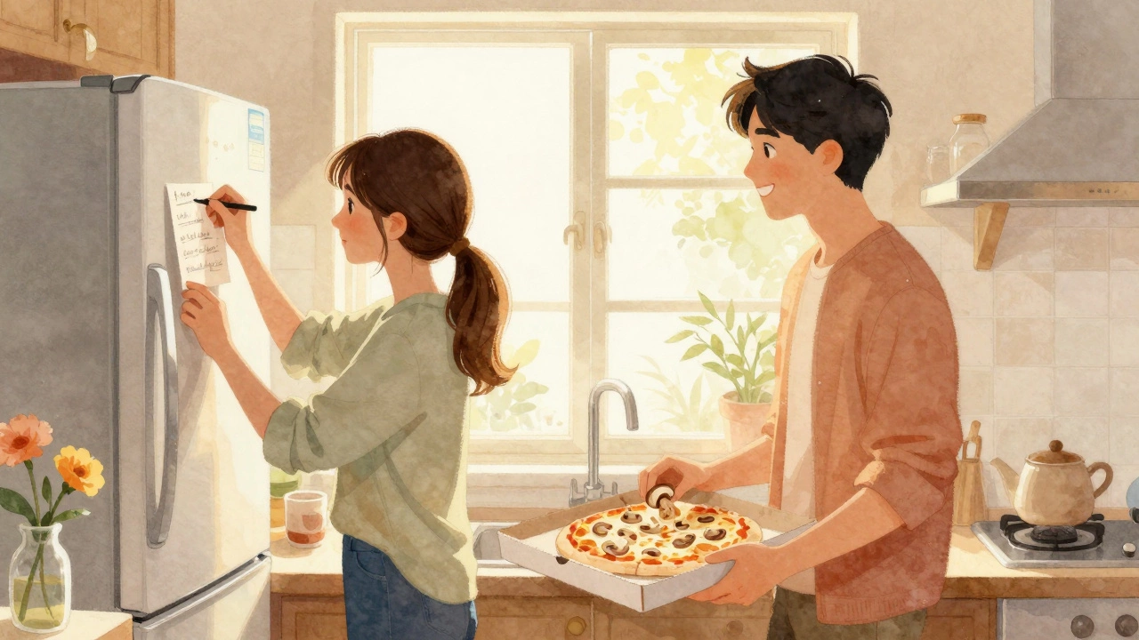 A thoughtful gesture: a note on the fridge and a mushroom-free pizza shared in a sunlit kitchen.