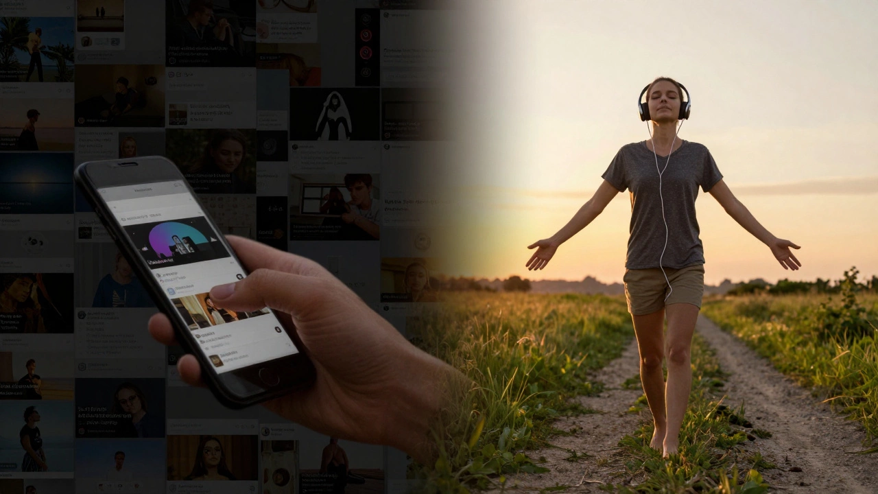 Contrast between endless social media scrolling and a peaceful walk at sunset, symbolizing mental clarity.