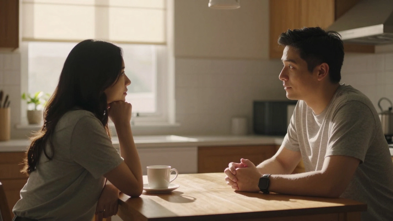 Couple calmly discussing at kitchen table with morning light