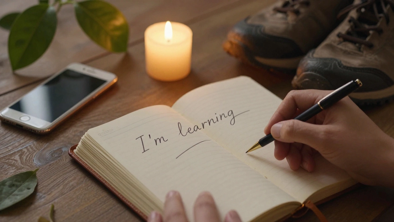 Hand writing 'I’m learning' in a journal by candlelight.