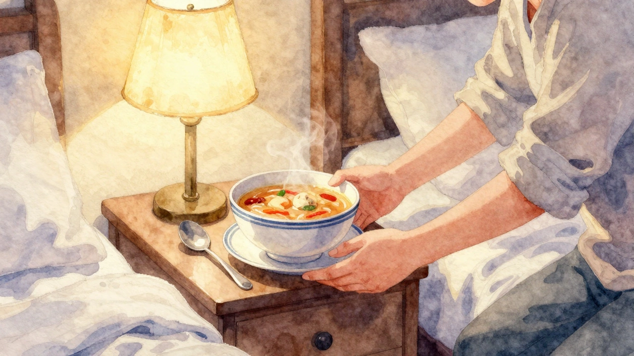 Person bringing soup to sick friend in bed with soft lighting