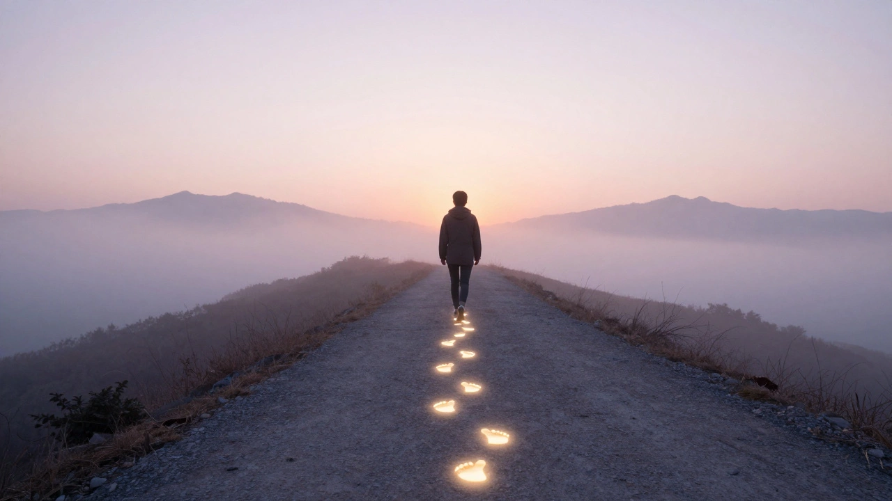 Person walking on path with glowing footprints toward sunrise