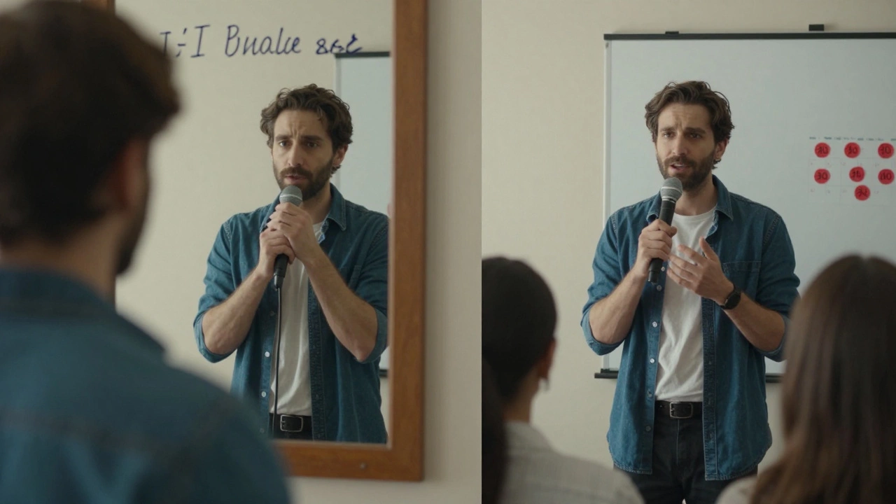 Same person practicing speech in mirror, then speaking confidently to a group a month later.