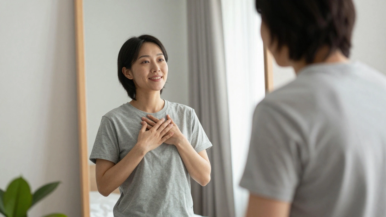 Someone speaking words of self-appreciation in front of a mirror, calm and grounded.