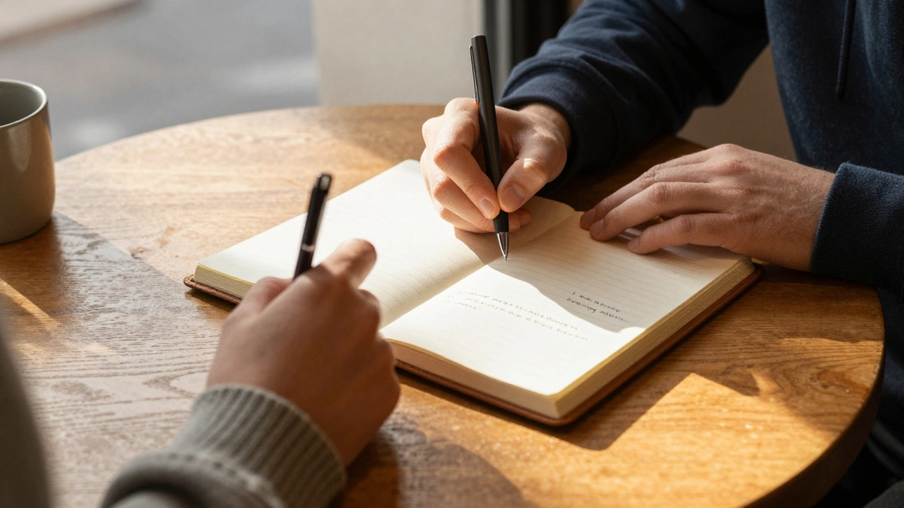 Two hands writing in a shared journal with personal reflections under warm sunlight.