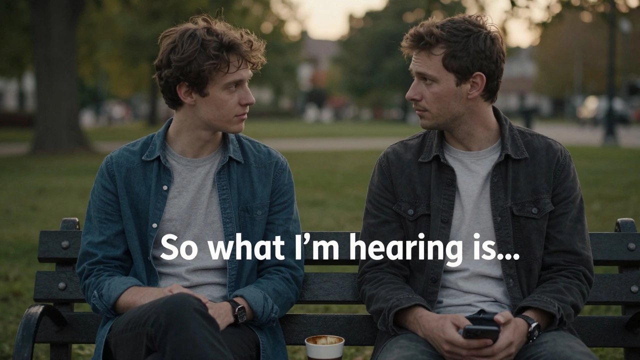 Two men on a park bench having a meaningful conversation, one listening attentively without distractions.