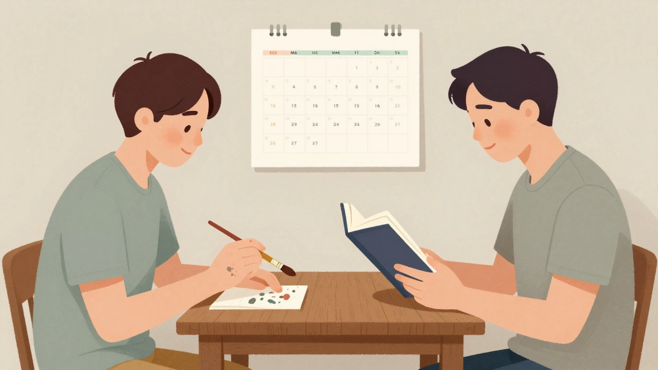 Two partners engaged in separate personal activities at a table, both smiling peacefully, calendar showing balanced interests.
