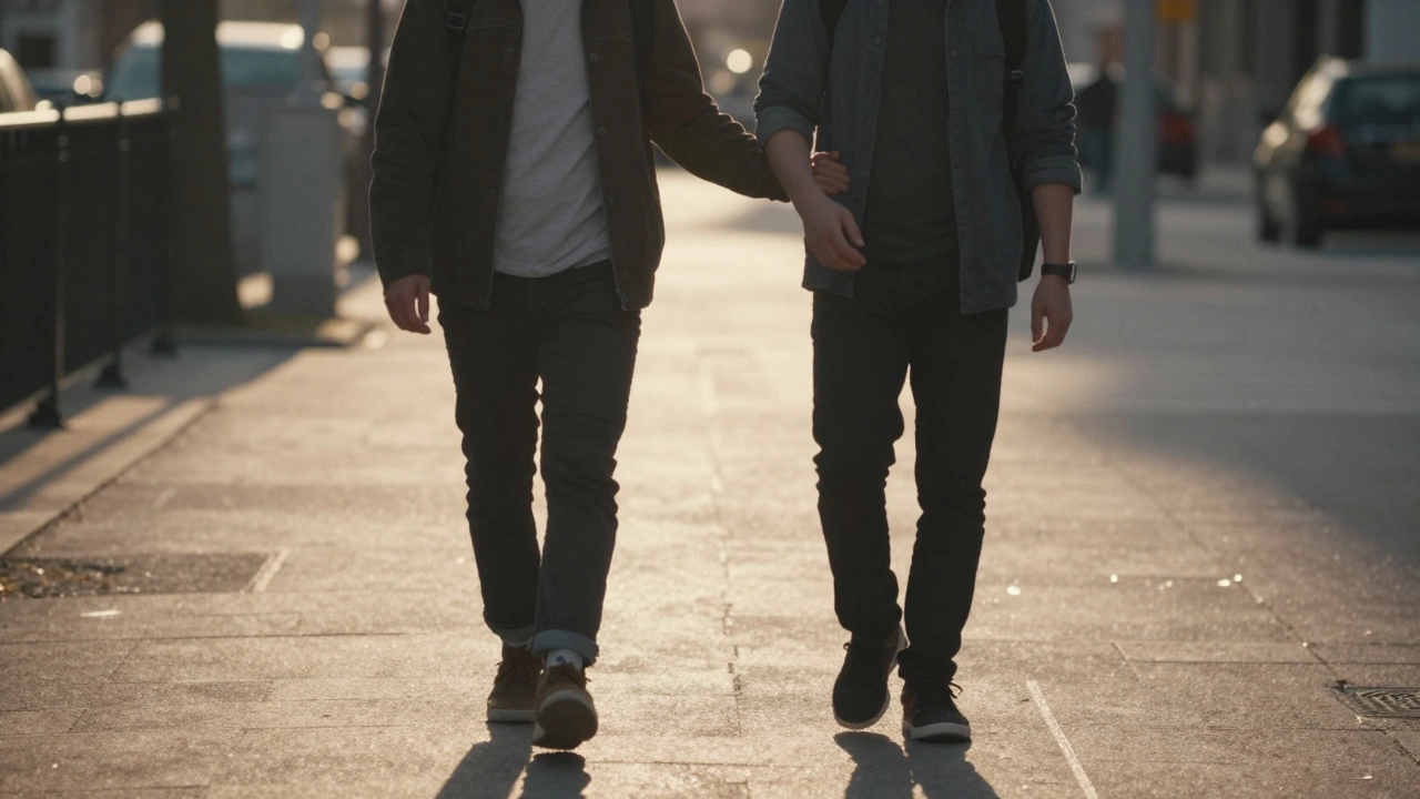 Two people walking together at sunset, one gently touching the other's arm in a quiet gesture of care.
