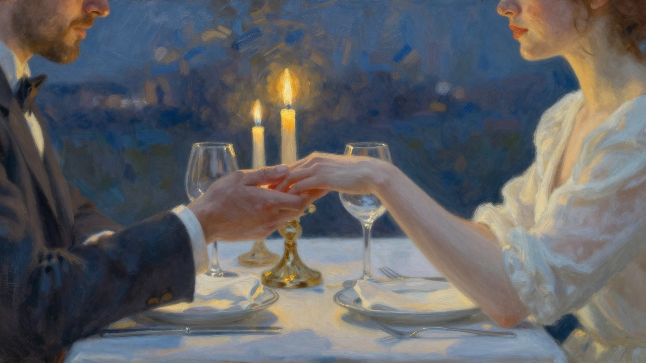 A gentleman lightly brushing a woman's hand while passing a napkin, conveying respect and subtle connection.