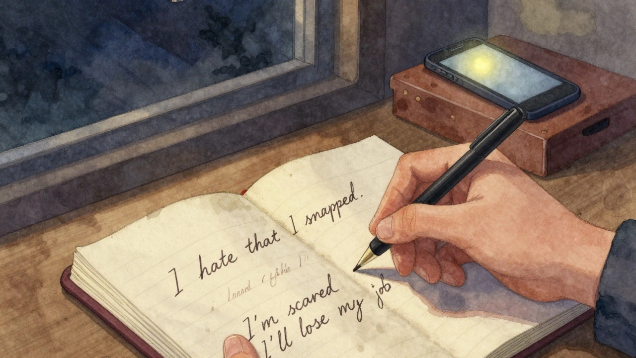 A hand writing raw emotions in a notebook at night, with a silent phone beside it.