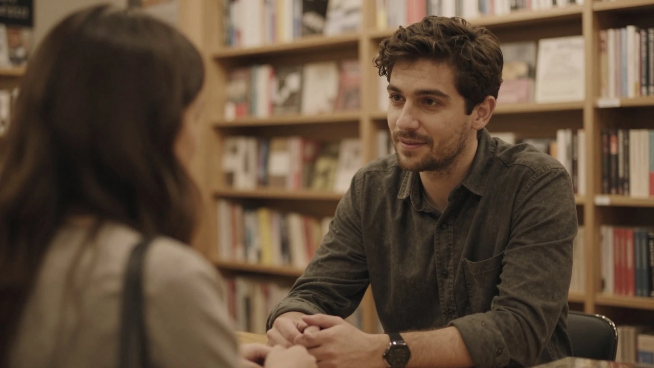A man making gentle eye contact with a woman during conversation, exuding calm trust and presence.