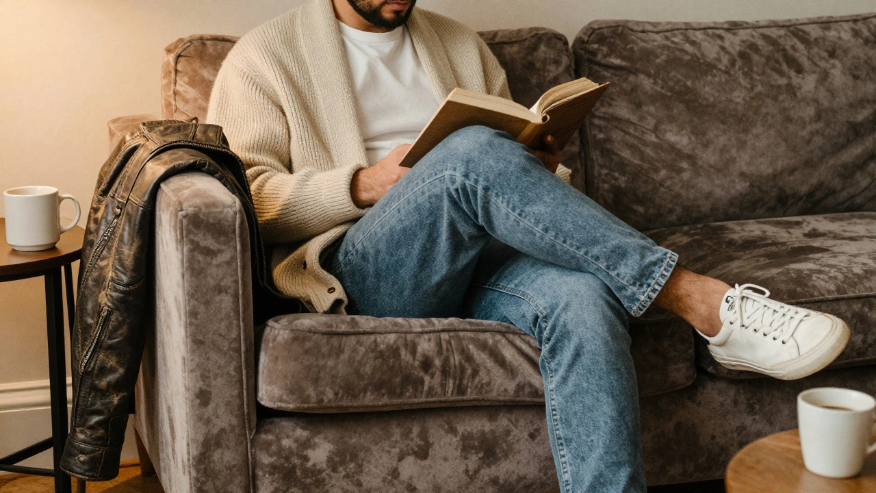 A man reading on a sofa in a cozy flat, wearing a slouchy cardigan and relaxed jeans, bathed in warm lamplight.