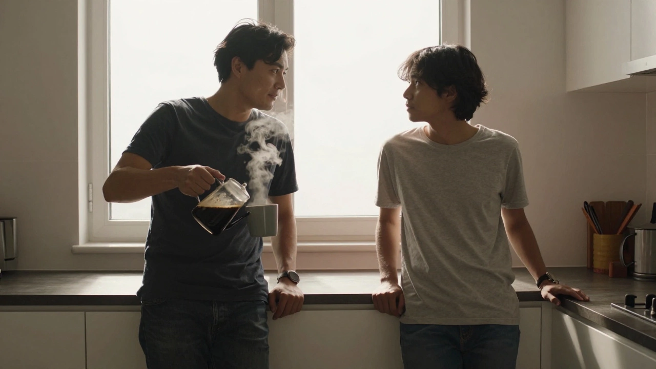 A morning kitchen scene with partners sharing a silent, attentive moment over coffee.