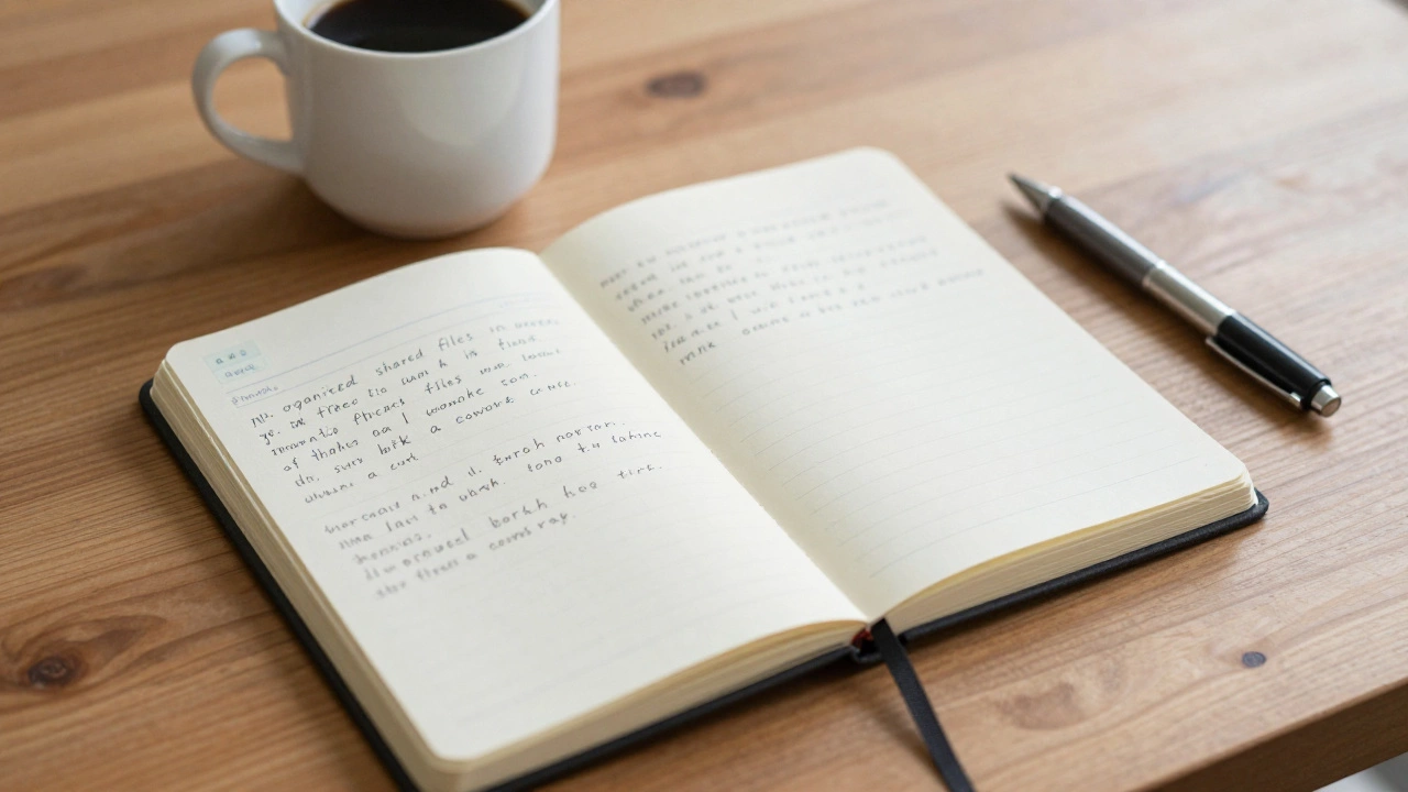 A notebook listing small daily actions that build a job mindset, beside a coffee cup.