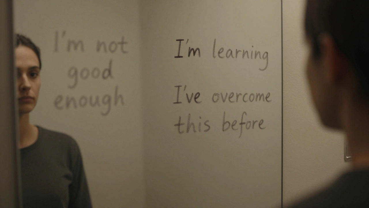 A person facing a mirror showing old negative thoughts on one side and rewritten truths on the other.