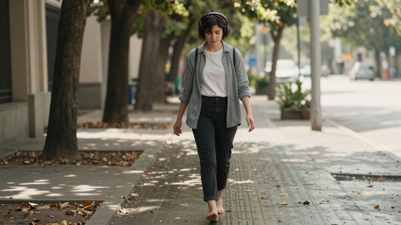 A person walking peacefully outdoors without headphones, surrounded by natural light and trees.