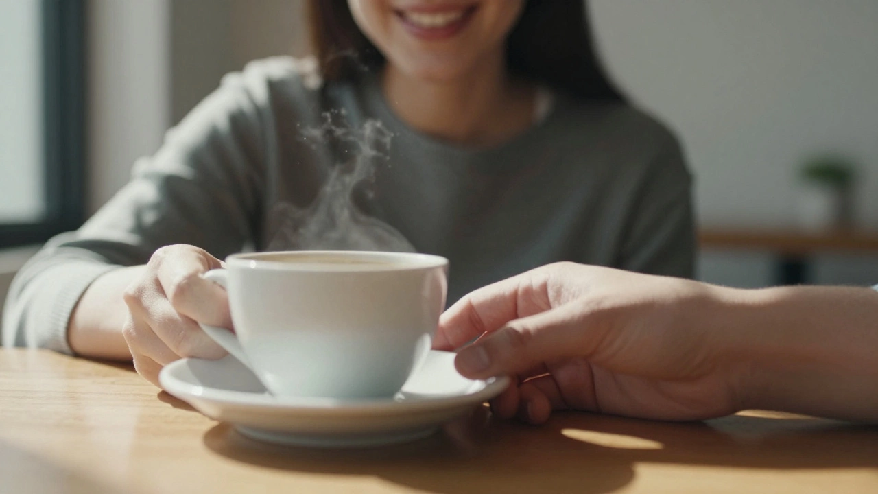 A quiet moment after someone says their name, with sunlight and coffee on a table.