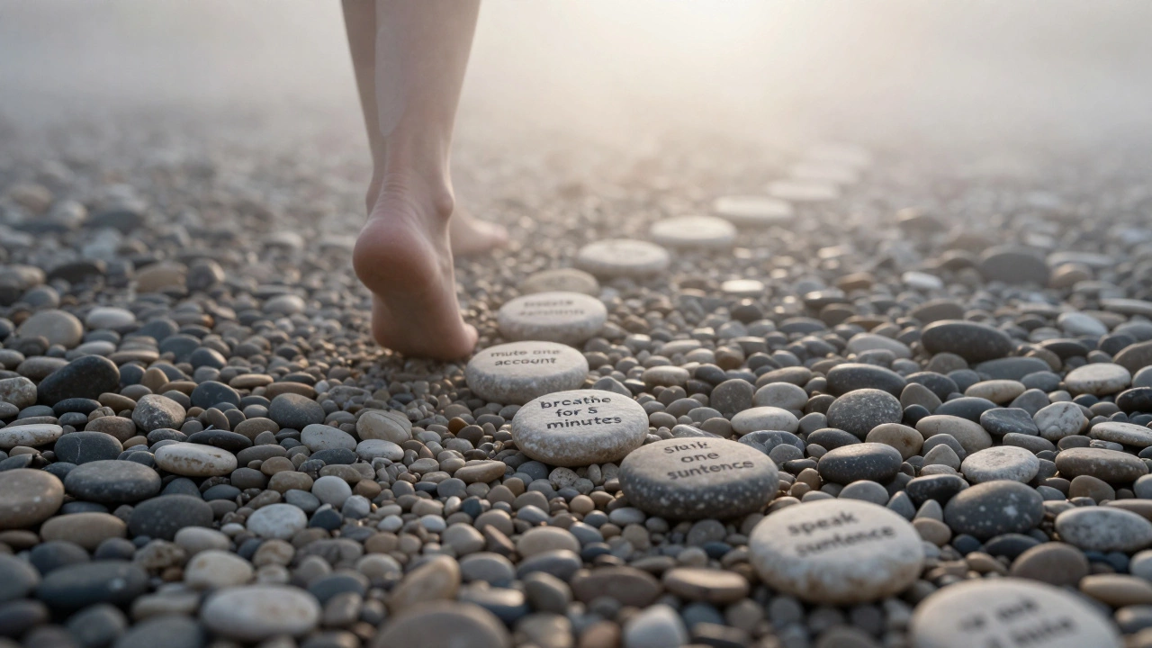 A single foot stepping forward on a path of small action pebbles with soft light ahead.