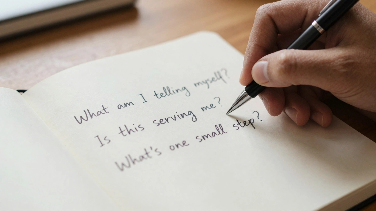 An open journal with three reflective questions written by hand in soft morning light.