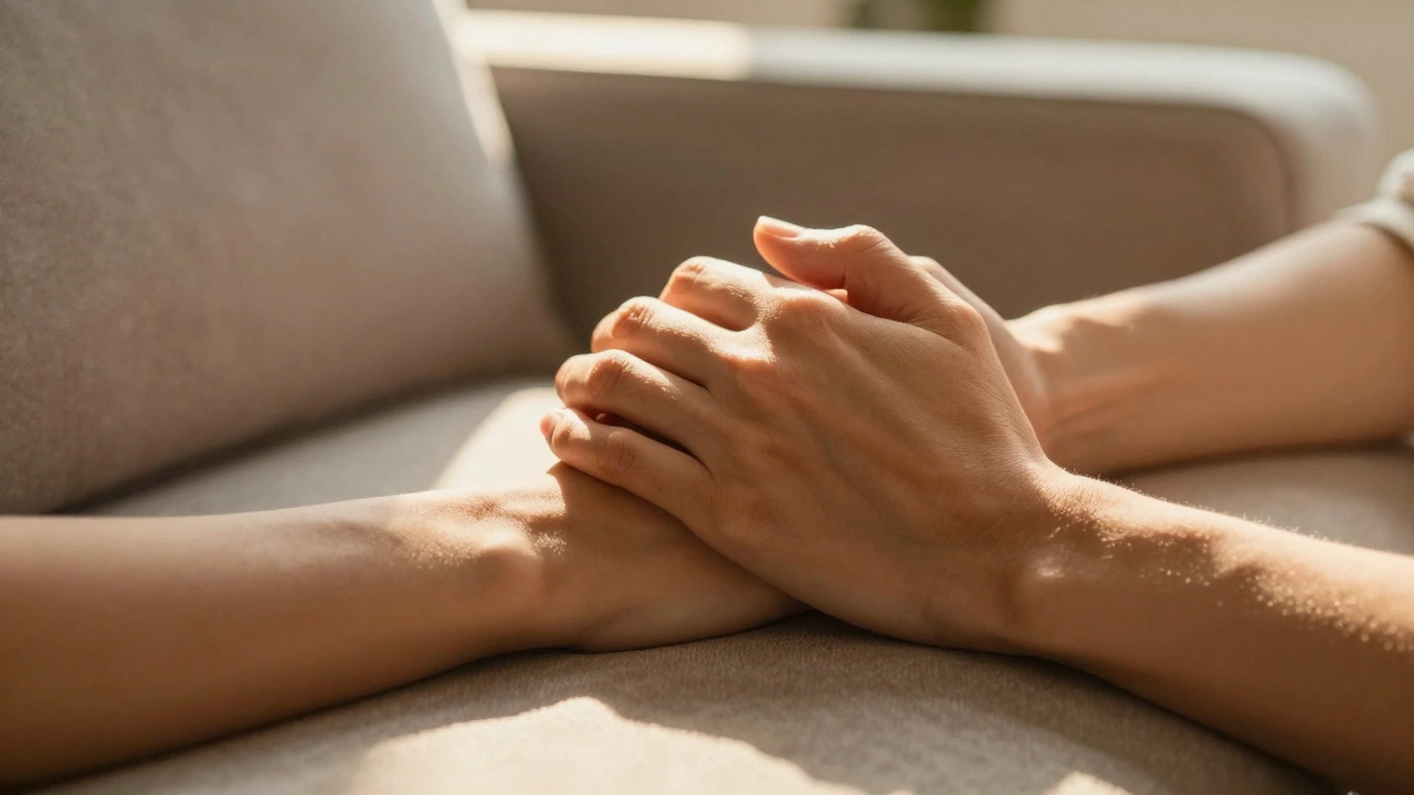 Close up of couple holding hands on sofa in warm light