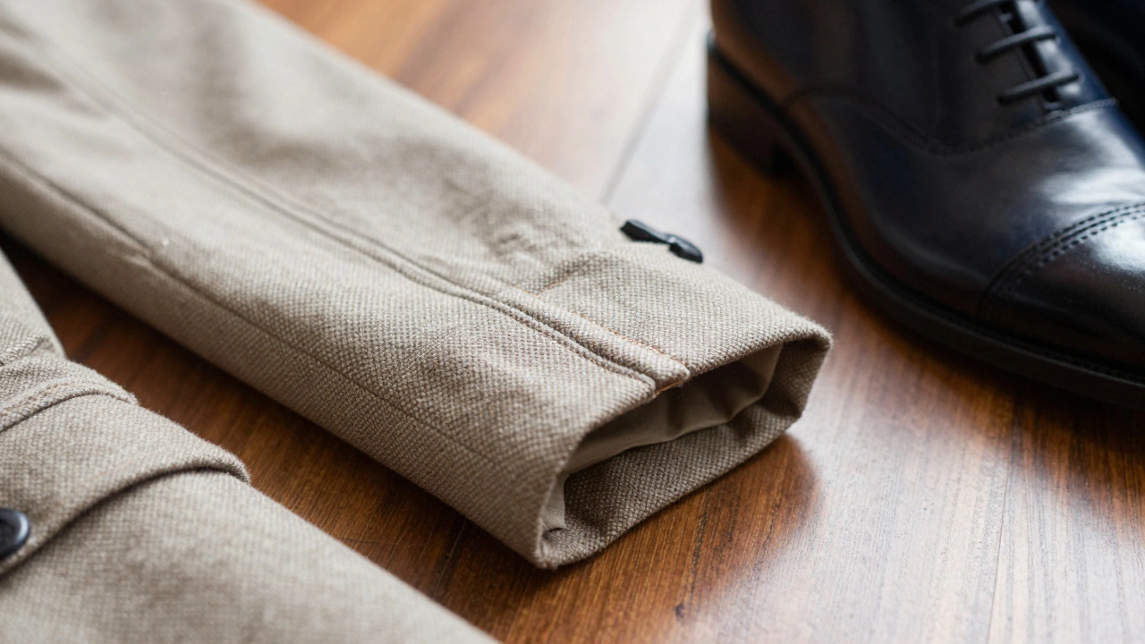 Close-up of tailored fabric texture and polished leather shoes on wood.