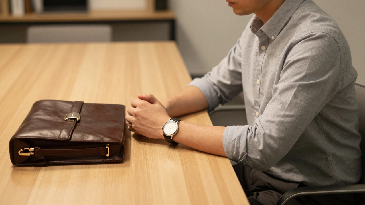 Confident individual seated at a conference table during a meeting.