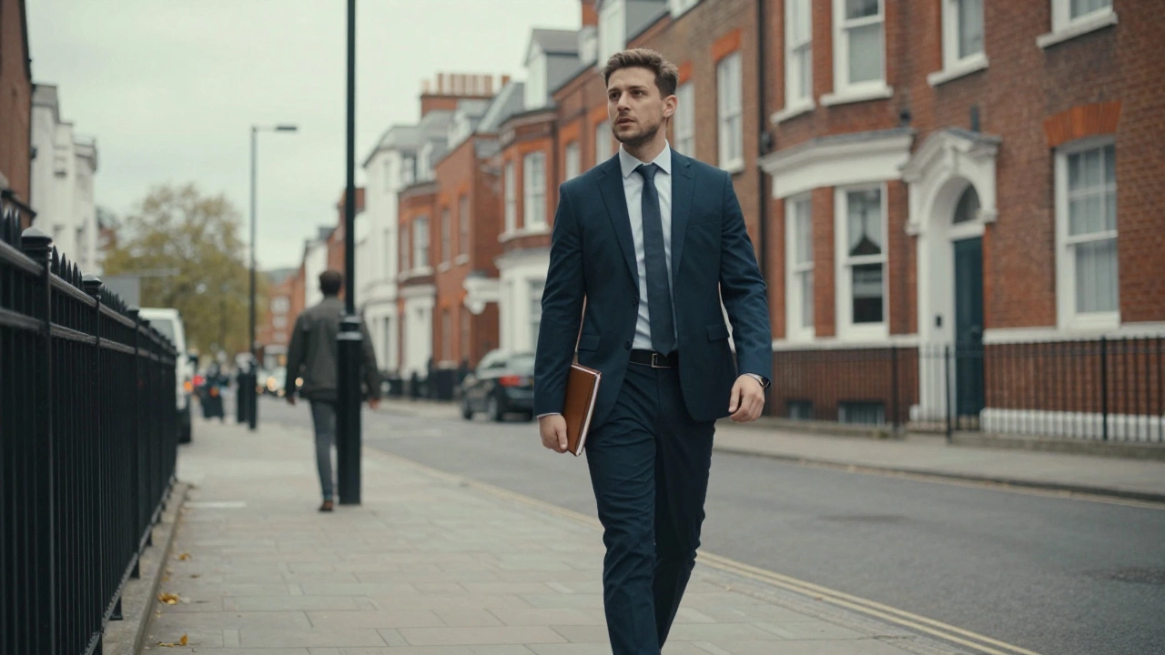 Confident professional walking through a brick-lined urban street holding a planner.
