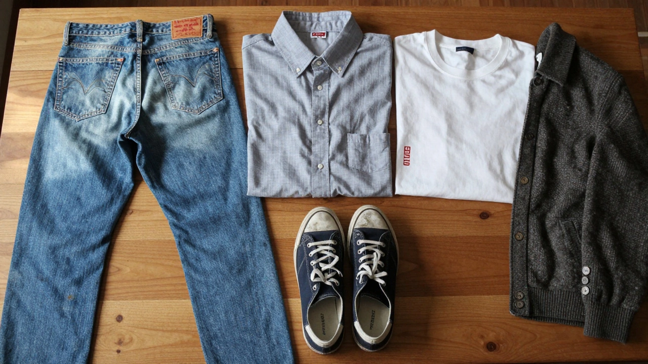 Five key pieces of boyfriend style laid out on wood: faded jeans, chambray shirt, white tee, worn sneakers, and a thrifted cardigan.