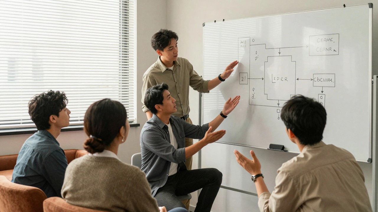 Leader collaborating openly with team members around whiteboard in modern office
