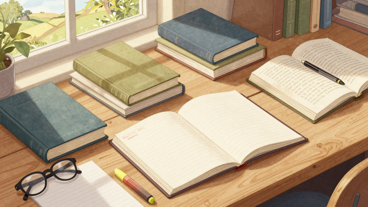 Leadership books and note-taking materials arranged on study desk with morning light