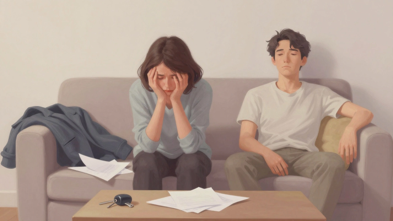 Partner looks stressed at cluttered living room table