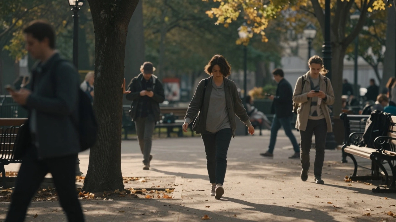 Someone walking slowly through a park, touching a tree, surrounded by blurred figures on phones.