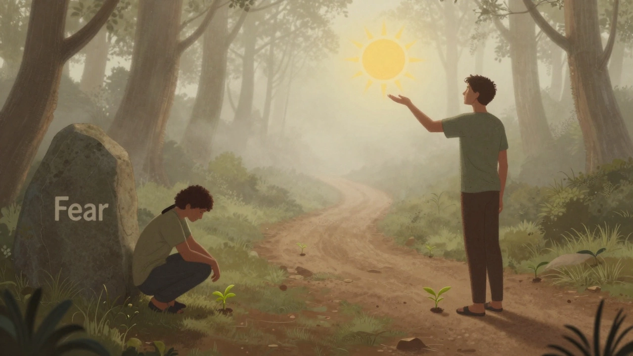 Two figures on diverging paths—one crushed by fear, the other stepping toward growth with new life emerging.