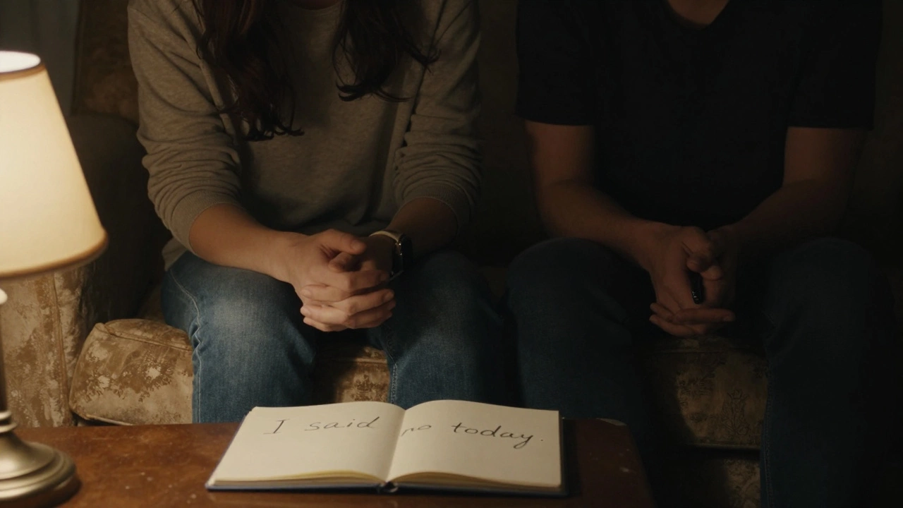 Two people sharing a quiet conversation on a sofa, no devices, warm lamplight, open notebook visible.