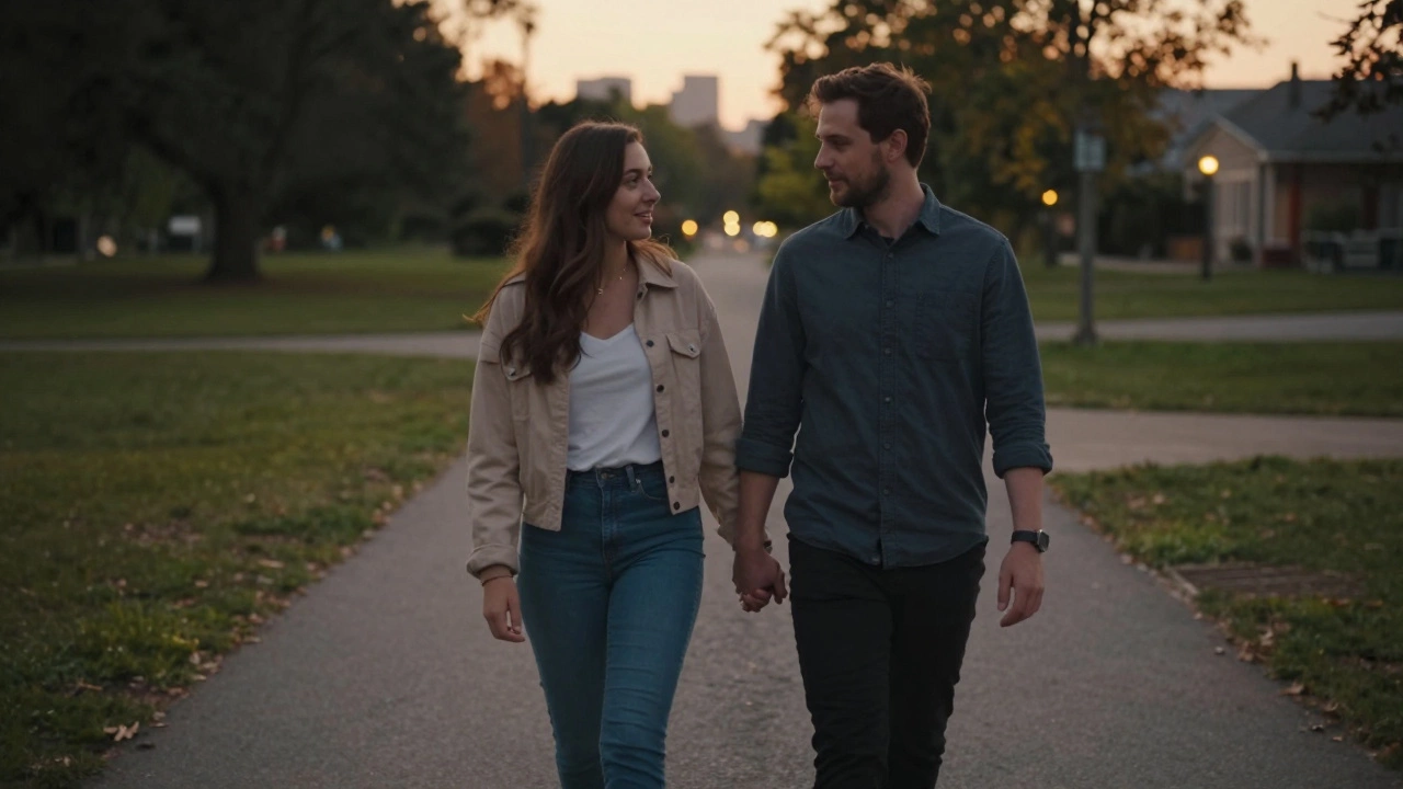 Two people walking together in a park at sunset, engaged in deep conversation, hands clasped.