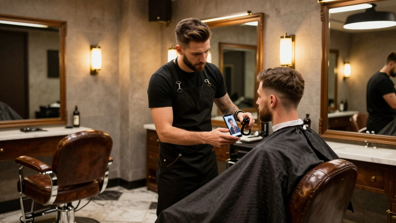 A client showing a reference photo to his barber in a modern, stylish barbershop.
