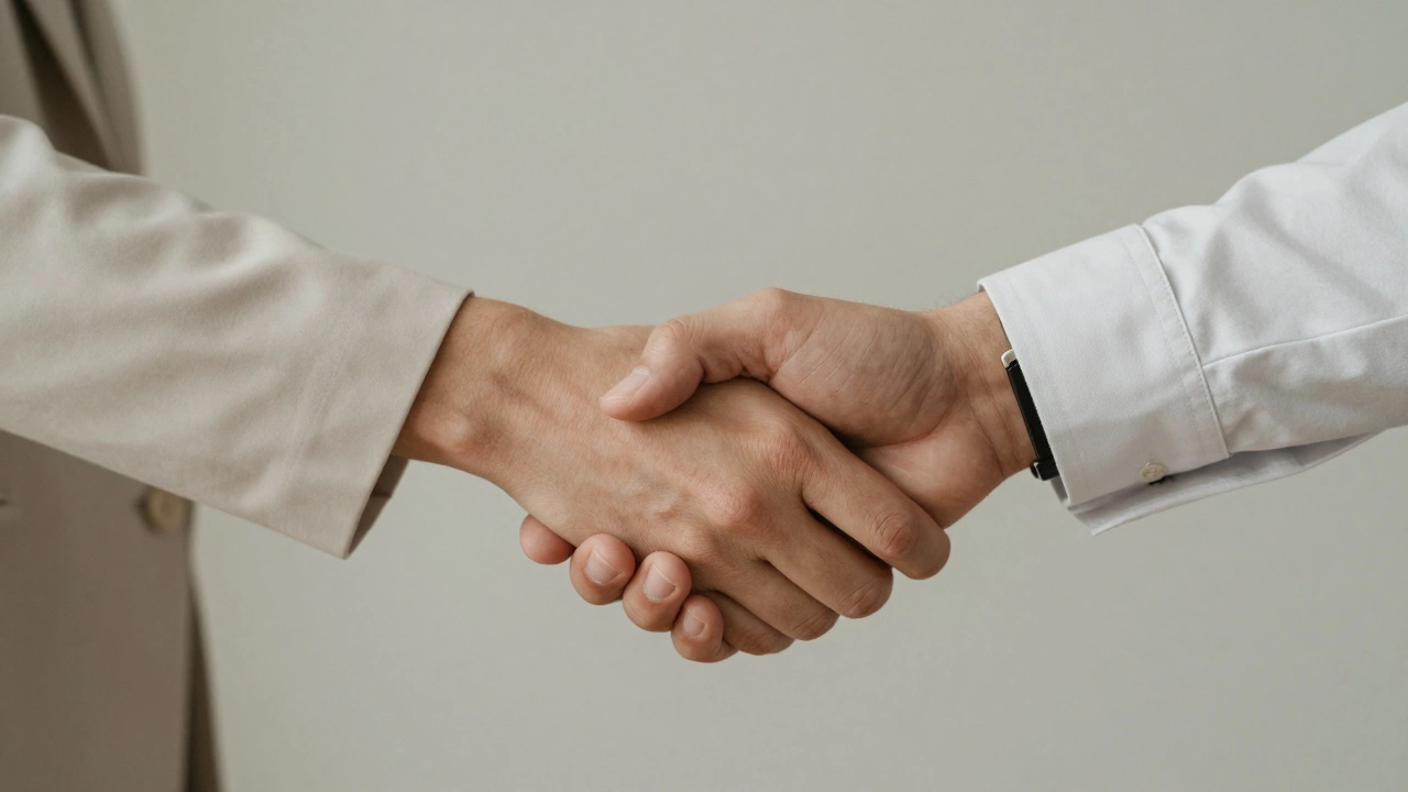 A close-up of a firm, respectful handshake between two professionally dressed people