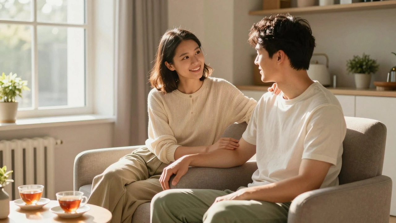 A couple sitting closely and attentively in a sunlit living room, demonstrating a supportive connection.