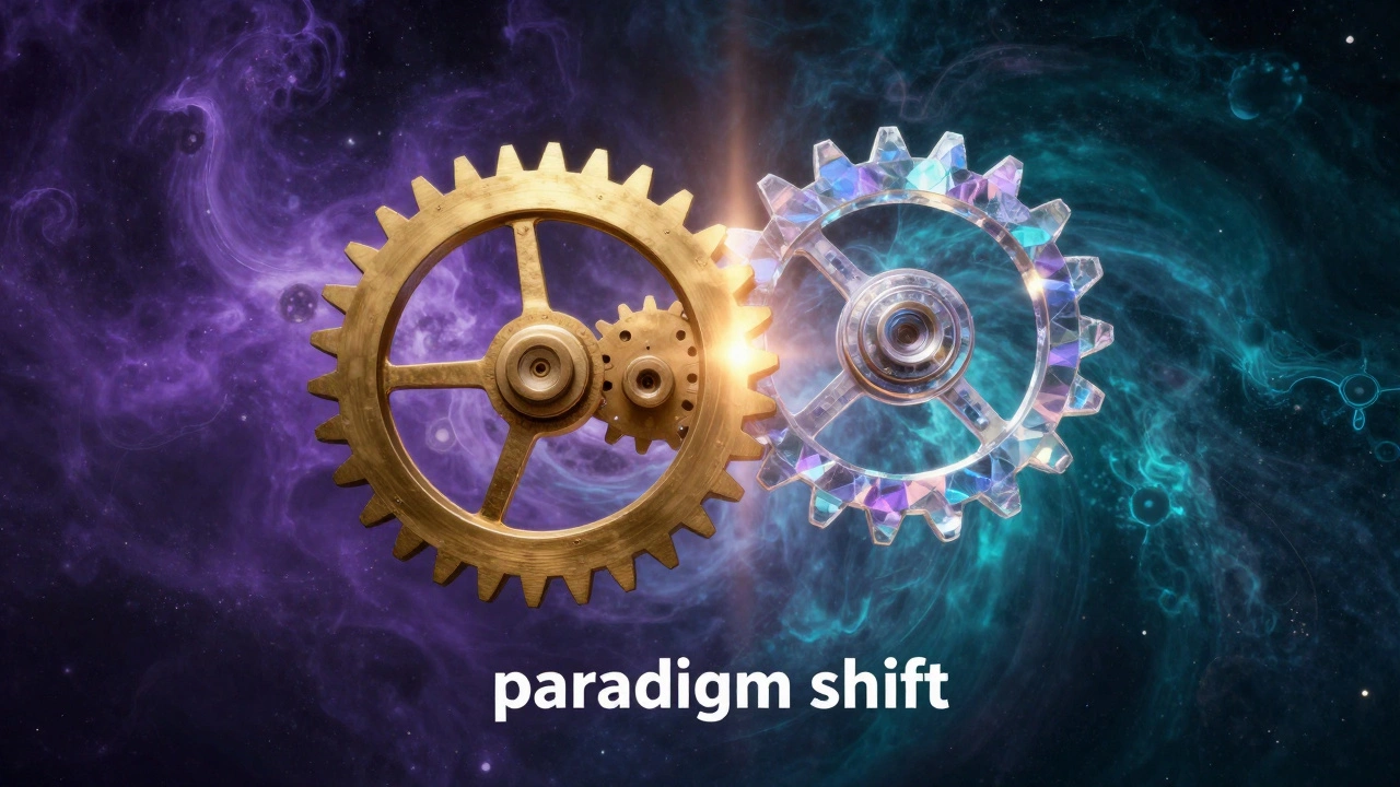 A large gold gear being replaced by a crystalline gear in a cosmic setting.