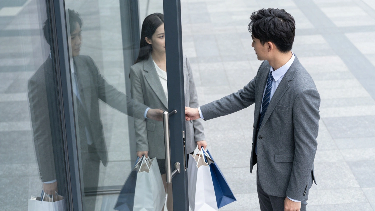 A man holding a door open for a person carrying heavy bags in a city