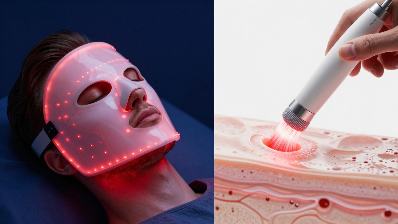 A man using a red LED light therapy mask and an ultrasonic skin cleanser