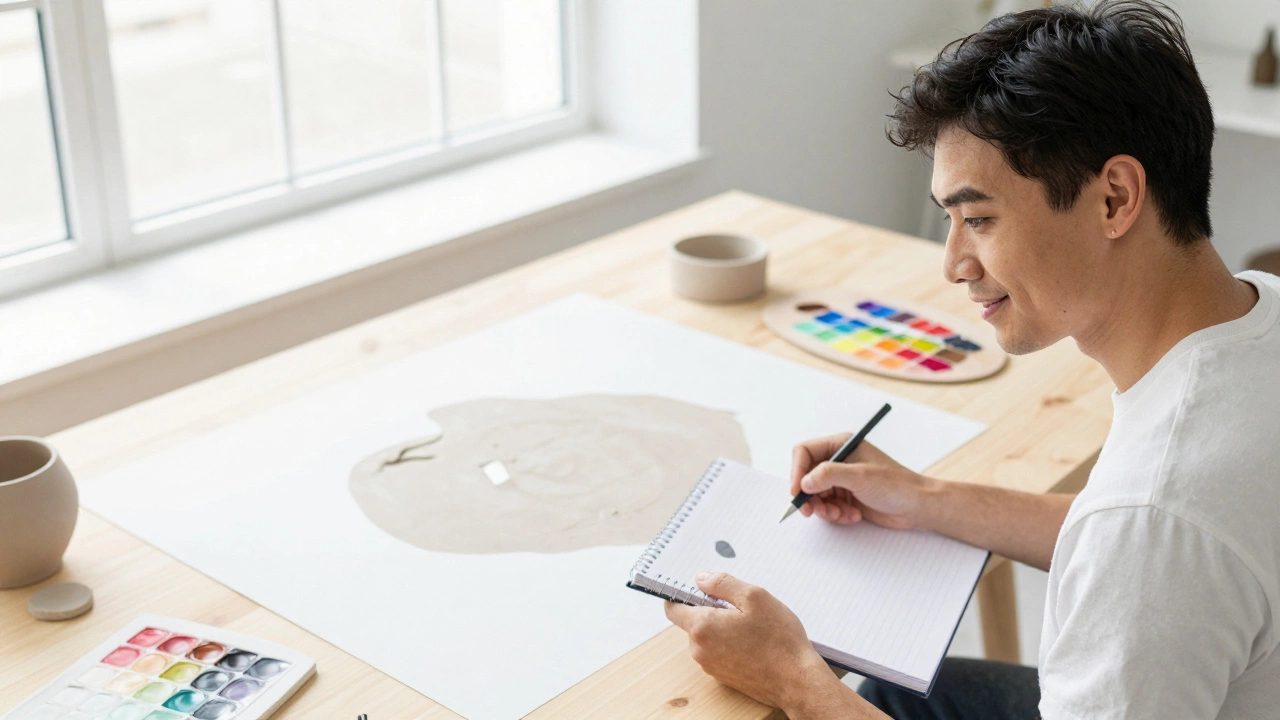 A person smiling with curiosity while taking notes next to a failed art project in a bright studio.