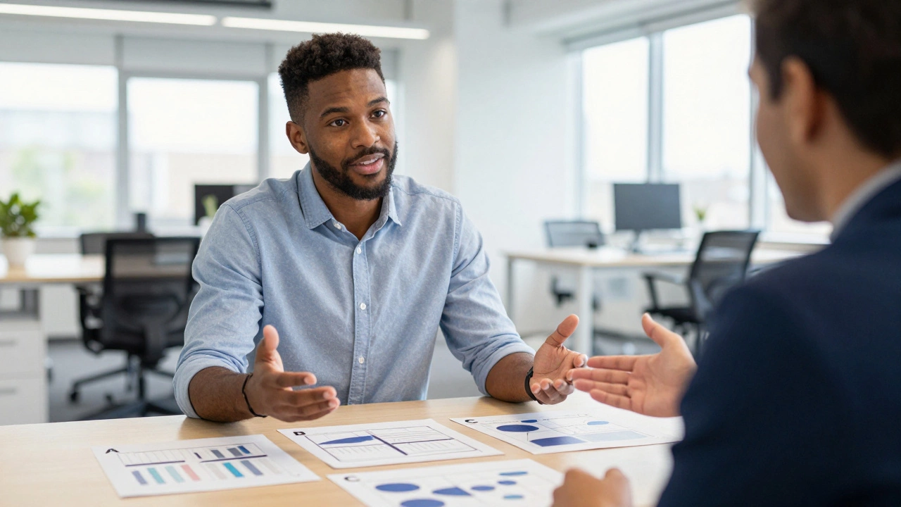 A professional confidently presenting three different solution options to a manager in a bright office.