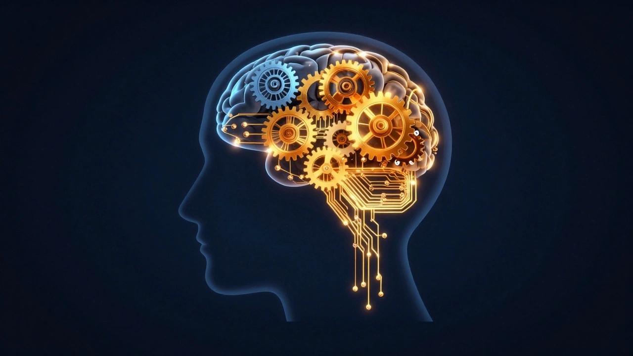 A silhouette of a head with glowing golden circuits representing a shifting growth mindset.