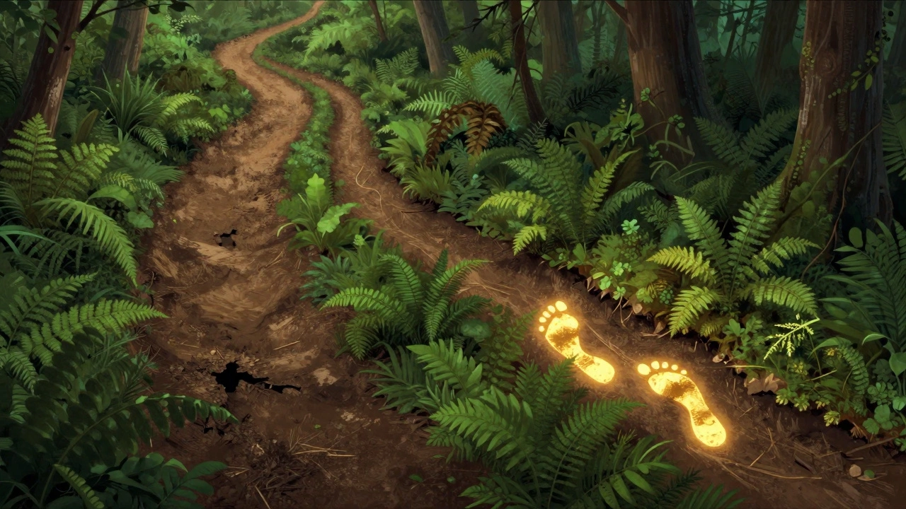 Aerial view of a forest showing an old dirt path and a new, glowing gold trail being carved.