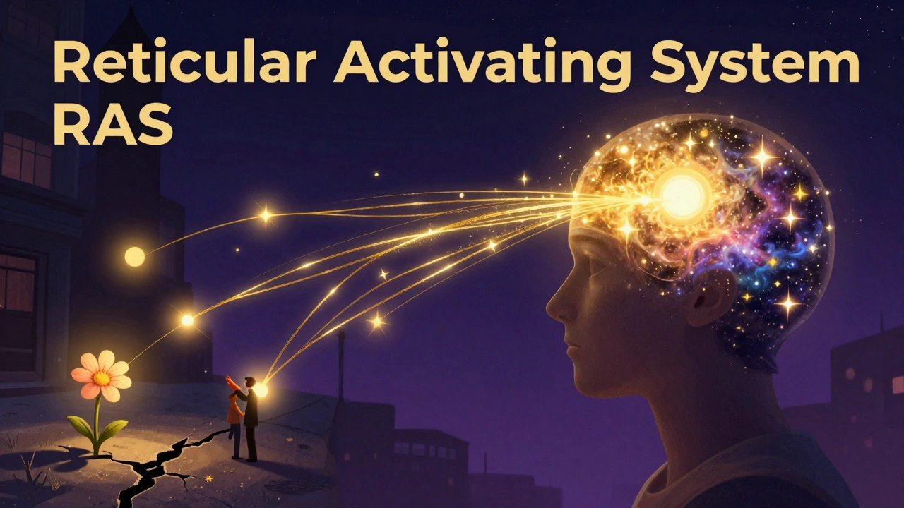 An artistic depiction of a mind focusing on positive details and gratitude in a city.